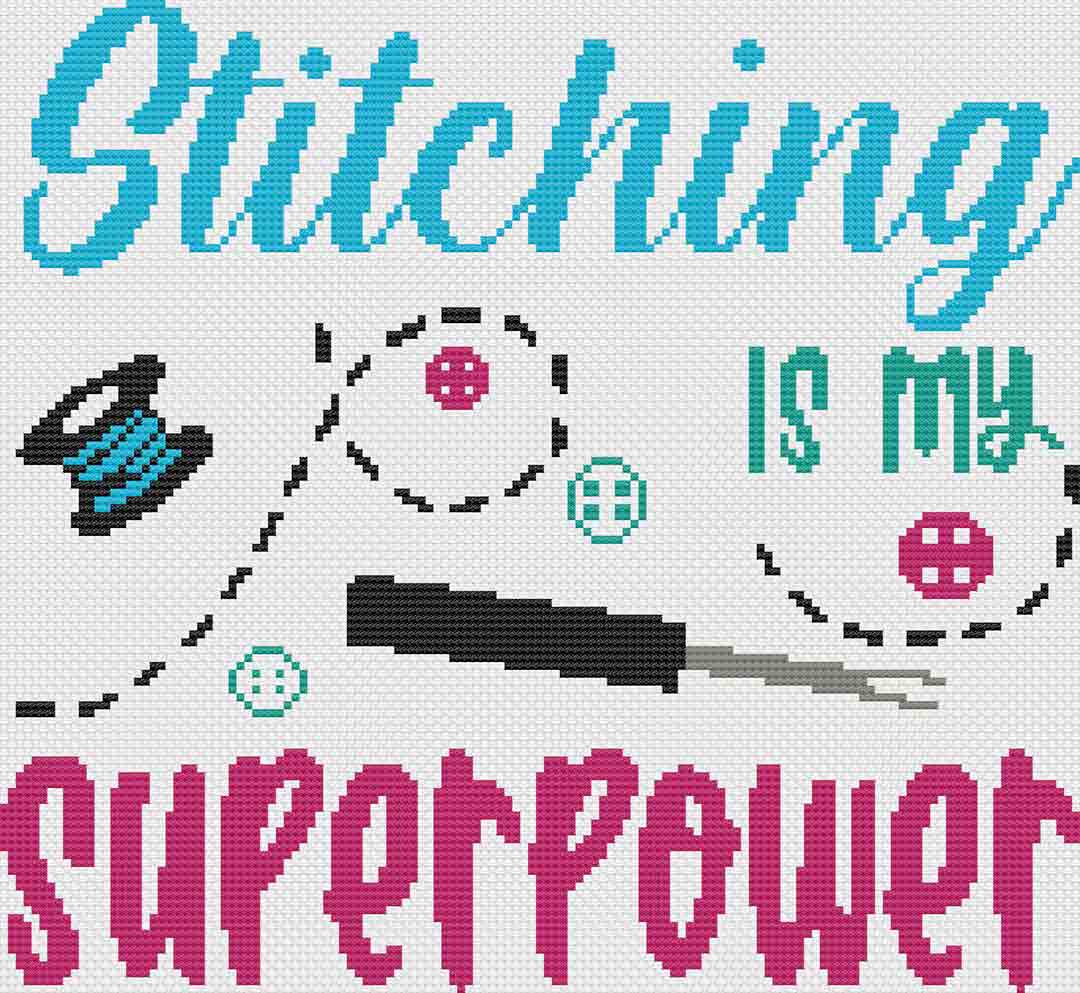 A stitched preview of the counted cross stitch pattern Superpower by Stitch Wit