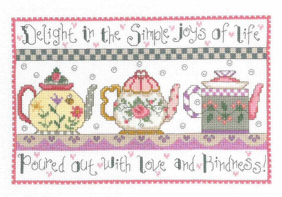 A stitched preview of the counted cross stitch pattern Teapots Of Love by Gail Bussi