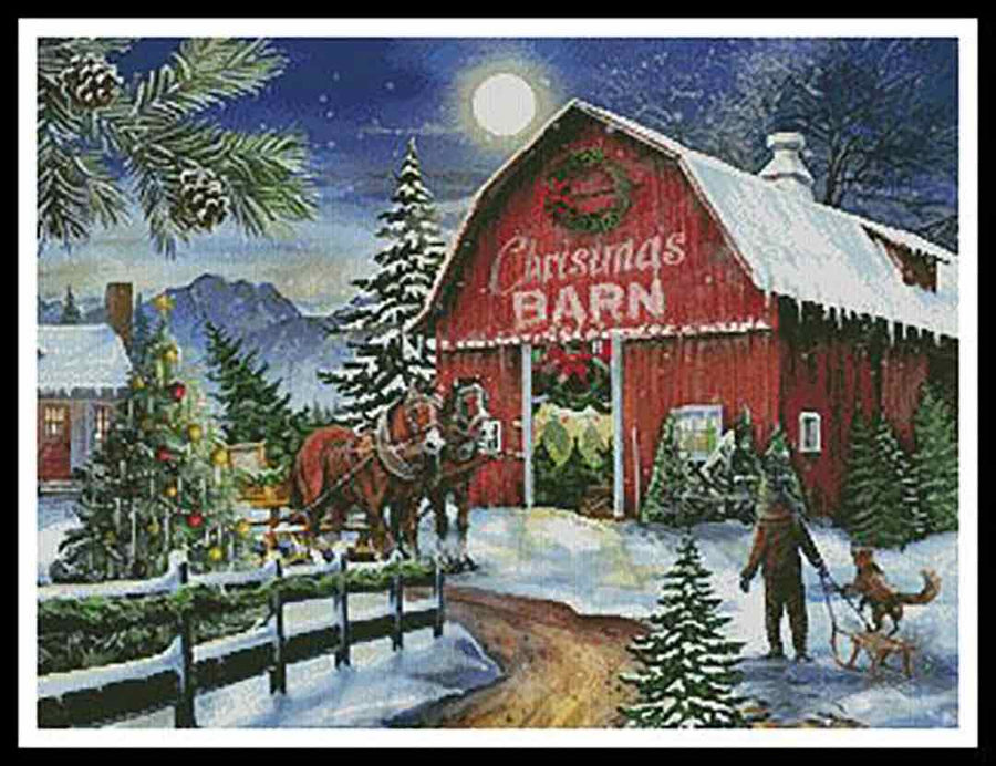 A stitched preview of the counted cross stitch pattern The Christmas Barn by Artecy Cross Stitch