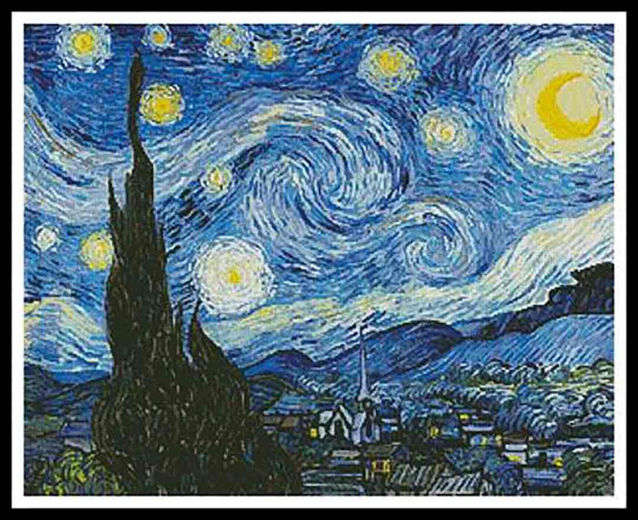 A stitched preview of the counted cross stitch pattern The Starry Night Blue by Artecy Cross Stitch