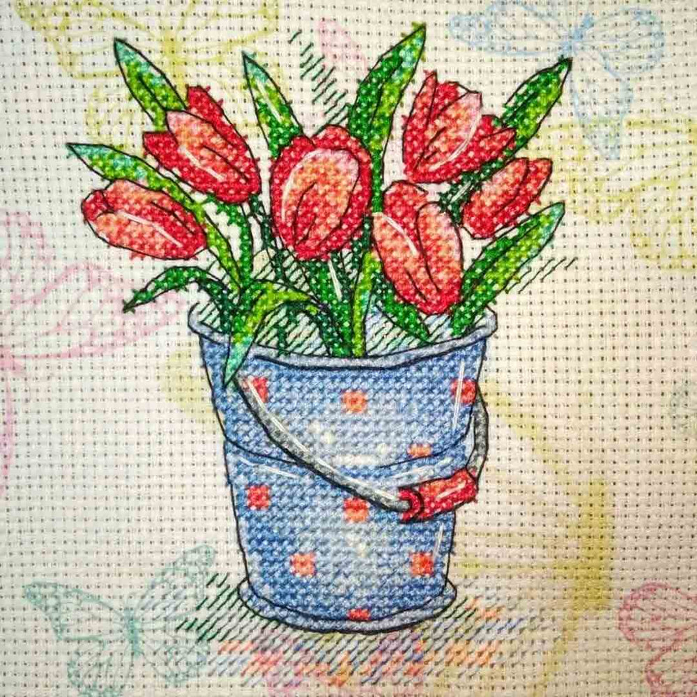 Stitched preview of Tulip Freshness Counted Cross Stitch Kit