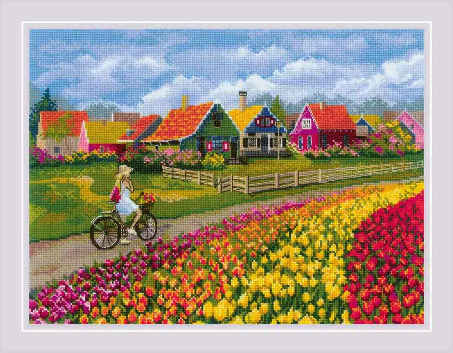 A stitched preview of Tulip Field Counted Cross Stitch Kit