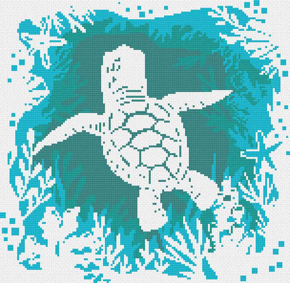 Stitched preview of Turtle At Sea Counted Cross Stitch Pattern and Kit