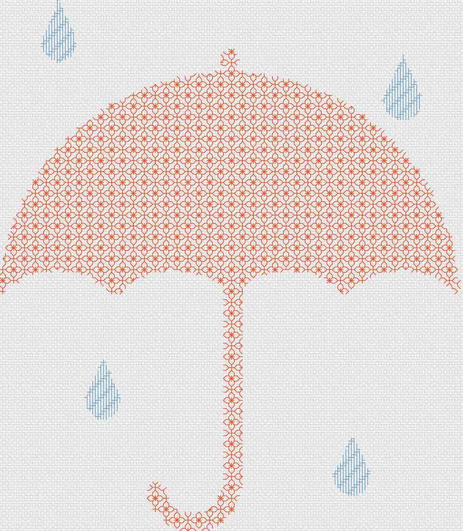 A stitched preview of the counted cross stitch pattern and kit "Blackwork Umbrella and Raindrops" by Stitch Wit