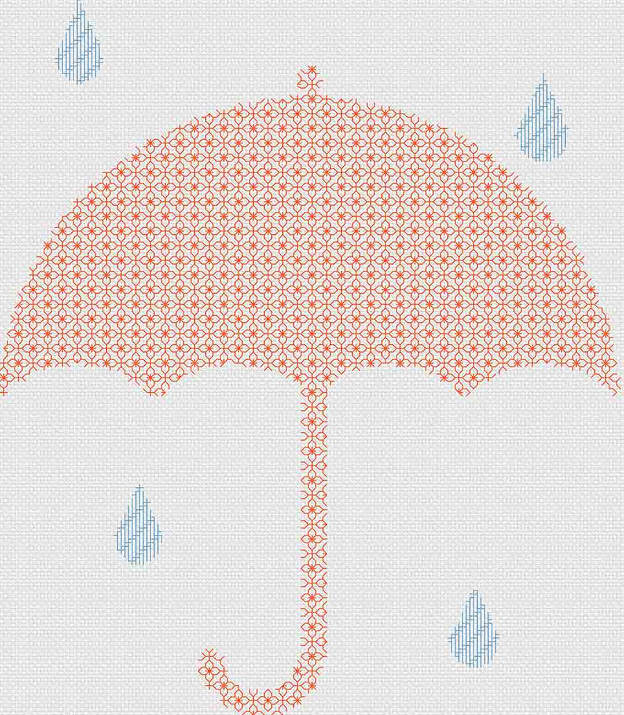 A stitched preview of the counted cross stitch pattern and kit "Blackwork Umbrella and Raindrops" by Stitch Wit