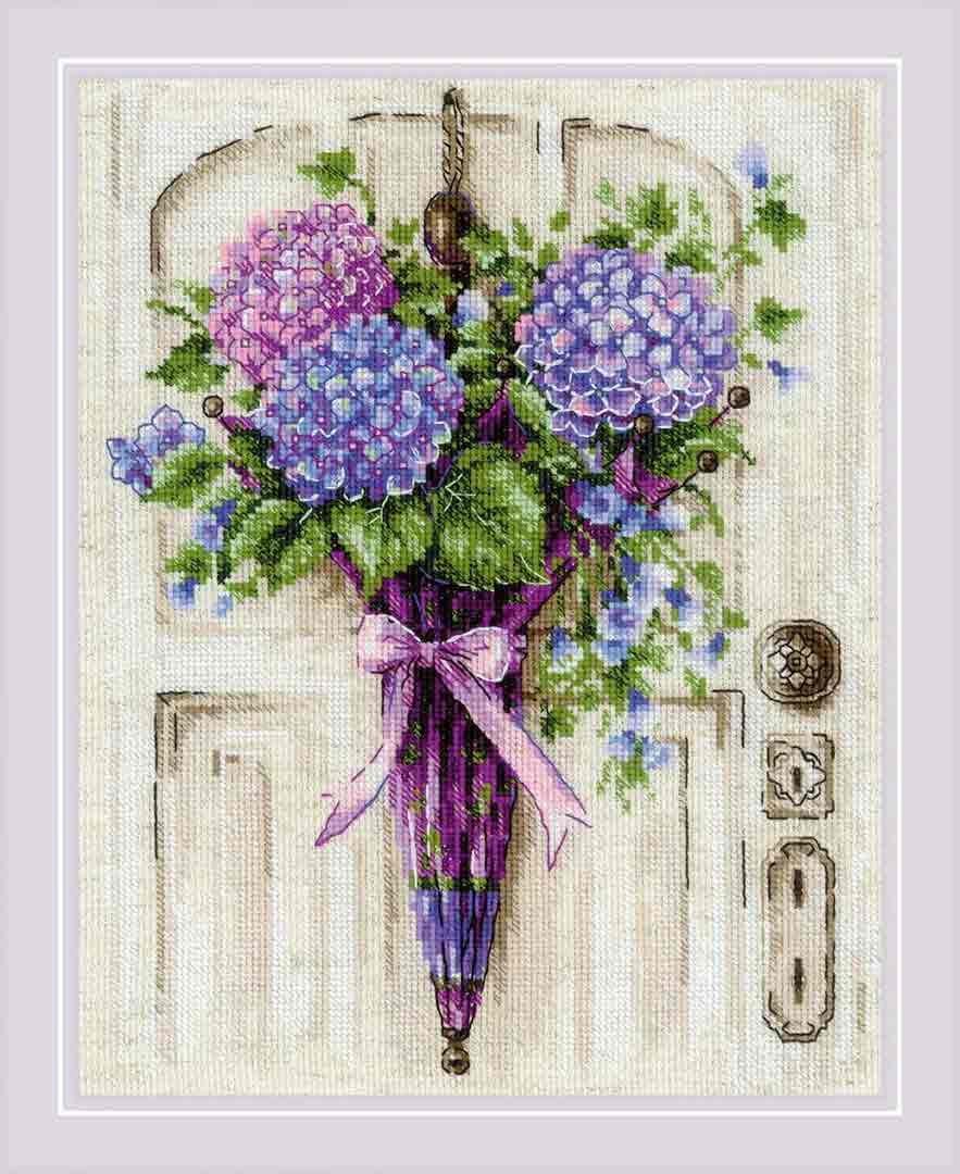 A stitched preview of Umbrella Wreath Counted Cross Stitch Kit
