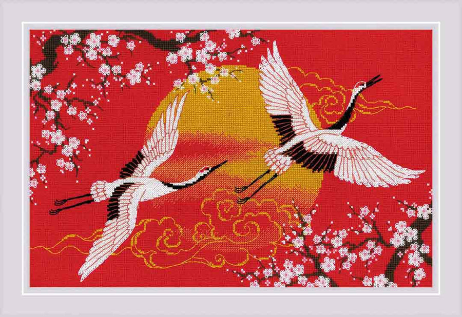 A stitched preview of Under Heaven Cranes Counted Cross Stitch Kit