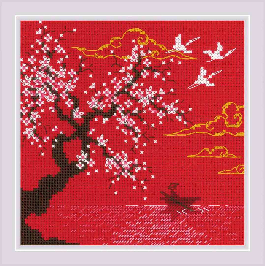 A stitched preview of Under Heaven Lake Counted Cross Stitch Kit