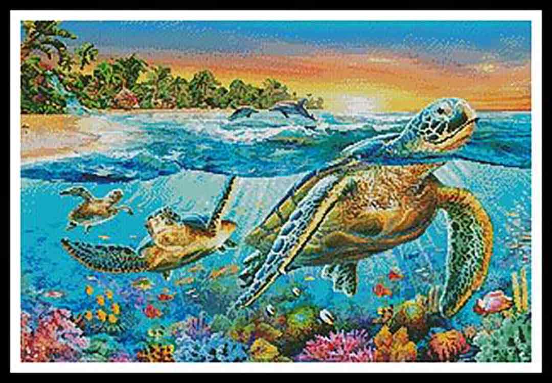 A stitched preview of the counted cross stitch pattern Underwater Turtles by Artecy Cross Stitch