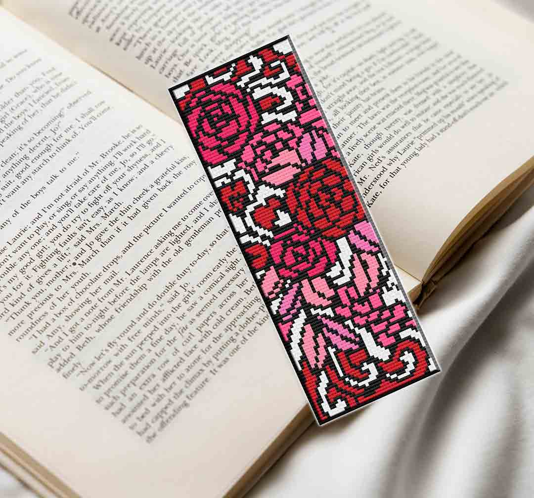 A stitched preview of the free counted cross stitch pattern "Valentine Bookmark" by Stitch Wit