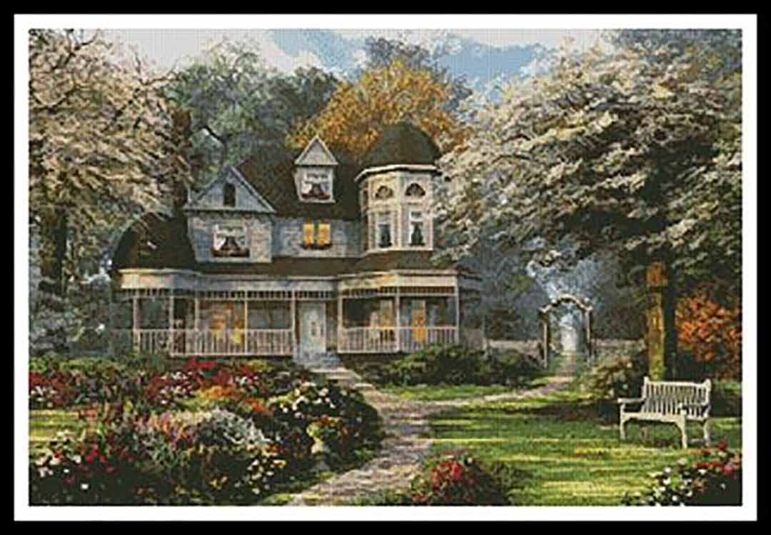 A stitched preview of the counted cross stitch pattern Victorian Home by Artecy Cross Stitch