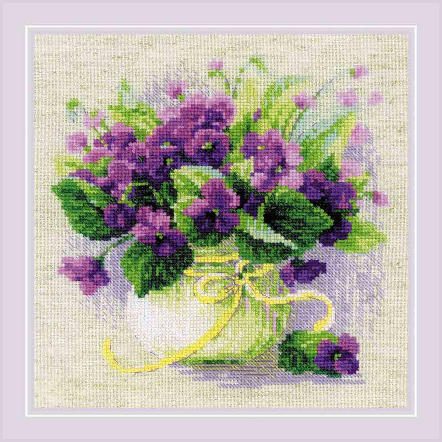 A stitched preview of Violets In A Pot Counted Cross Stitch Kit