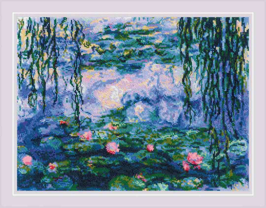 A stitched preview of Water Lilies After C. Monet's Painting Counted Cross Stitch Kit