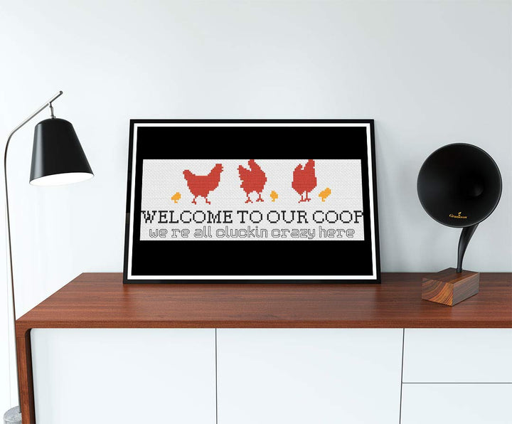 A stitched preview of Welcome To Our Coop: Counted Cross Stitch Pattern and Kit by Stitch Wit