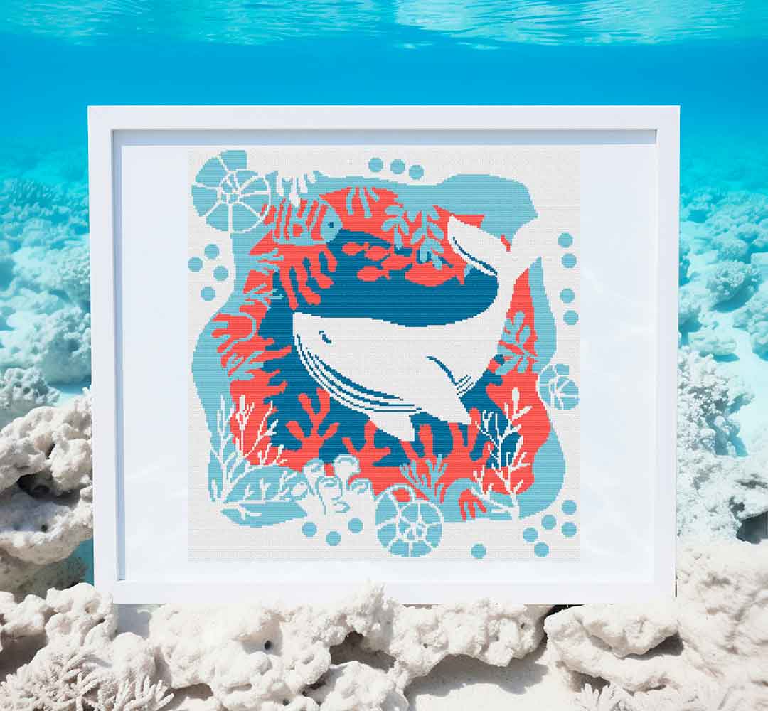 A stitched preview of the counted cross stitch pattern and kit "Whale" by Stitch Wit