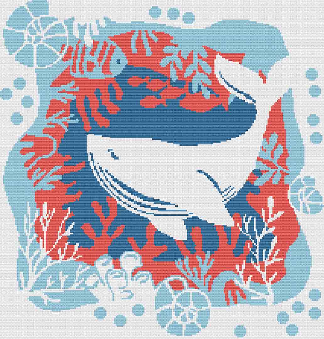 A stitched preview of the counted cross stitch pattern and kit "Whale" by Stitch Wit