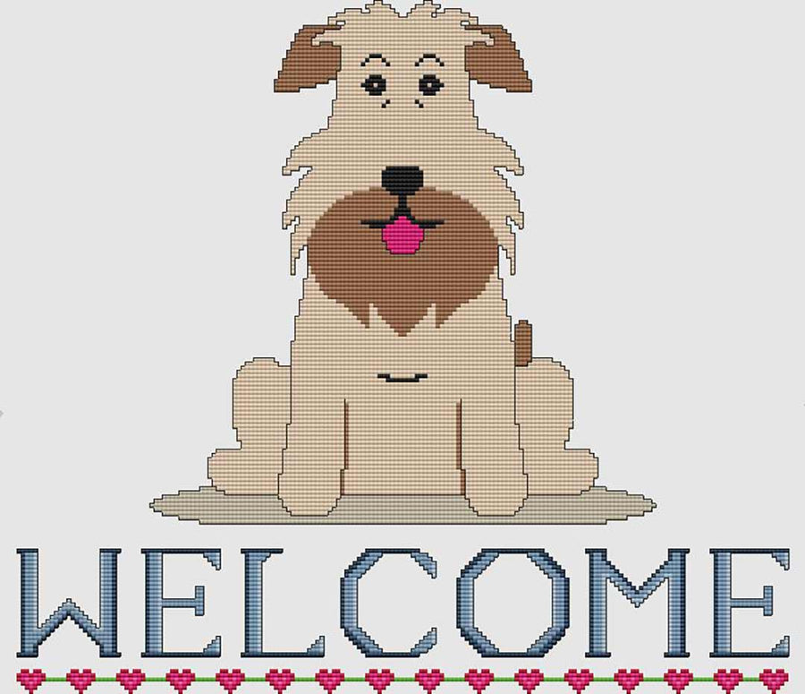 A stitched preview of the counted cross stitch pattern Soft Coated Wheaten Terrier Welcome by DogShoppe Designs