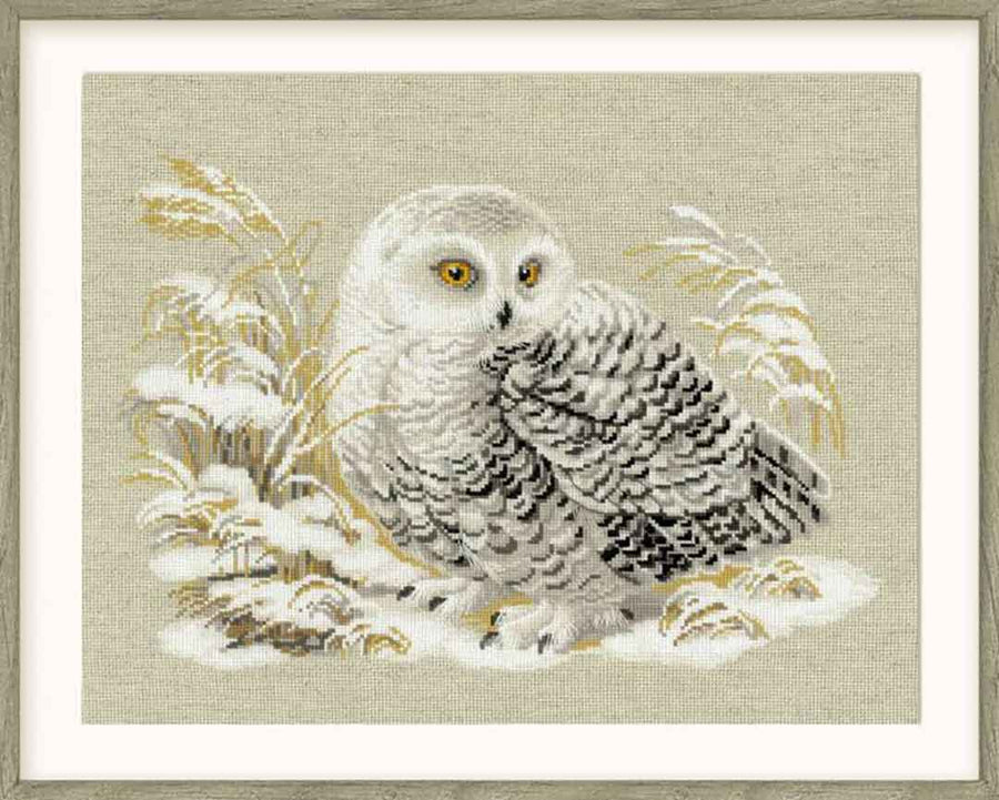 A stitched preview of White Owl Counted Cross Stitch Kit