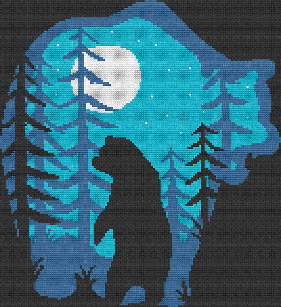 A stitched preview of the counted cross stitch pattern A Bear's Blue Night by Stitch Wit