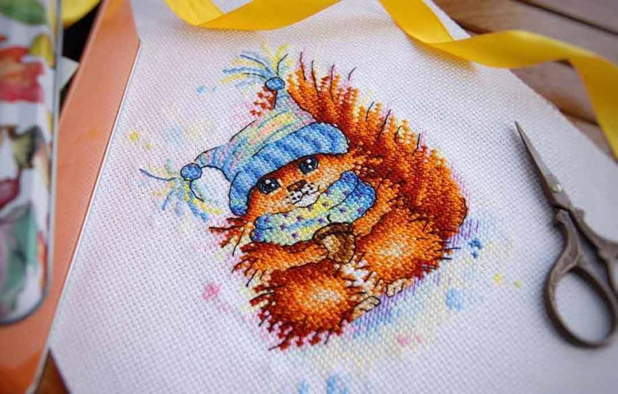 Stitched preview of Winter Squirrel Counted Cross Stitch Kit