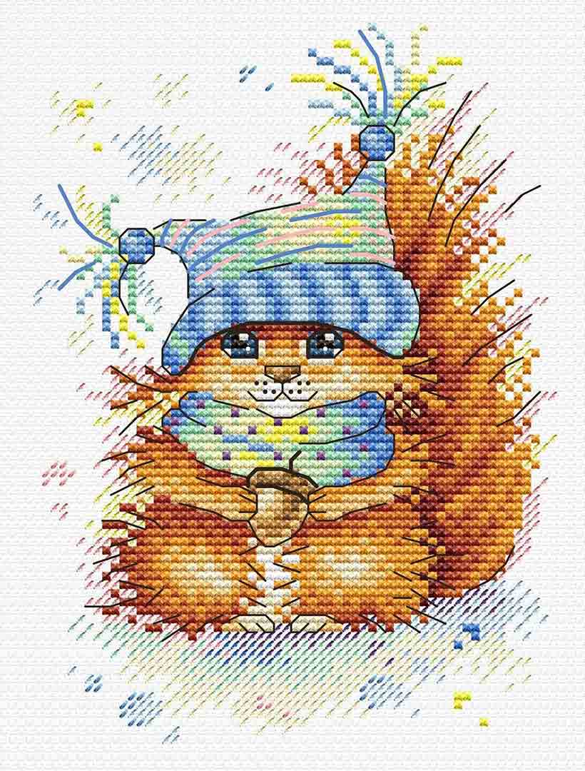 Stitched preview of Winter Squirrel Counted Cross Stitch Kit
