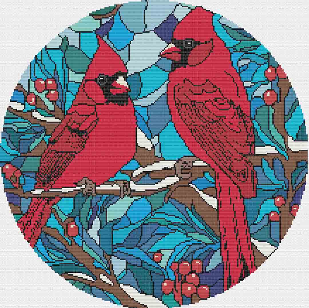 A stitched preview of Stained Glass Cardinals: Counted Cross Stitch Pattern and Kit