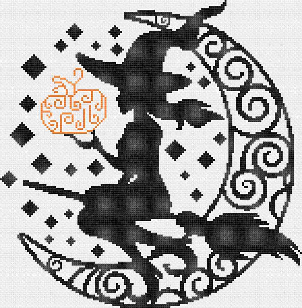 Image of stitched preview of "Witch's Crescent" a counted cross stitch pattern and kit by Stitch Wit