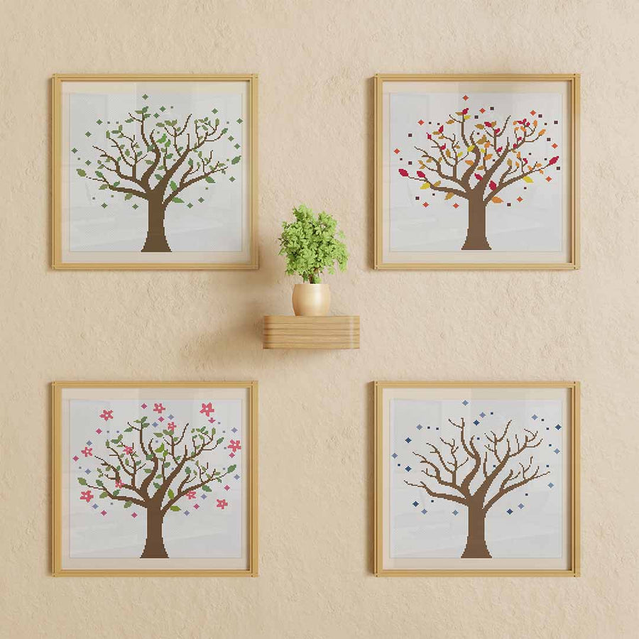 Stitched and framed preview of 4 Season Tree Set Counted Cross Stitch Pattern and Kit