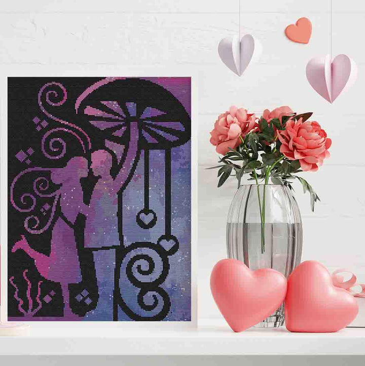 Stitched and framed preview of Galaxy Valentine Counted Cross Stitch Pattern and Kit