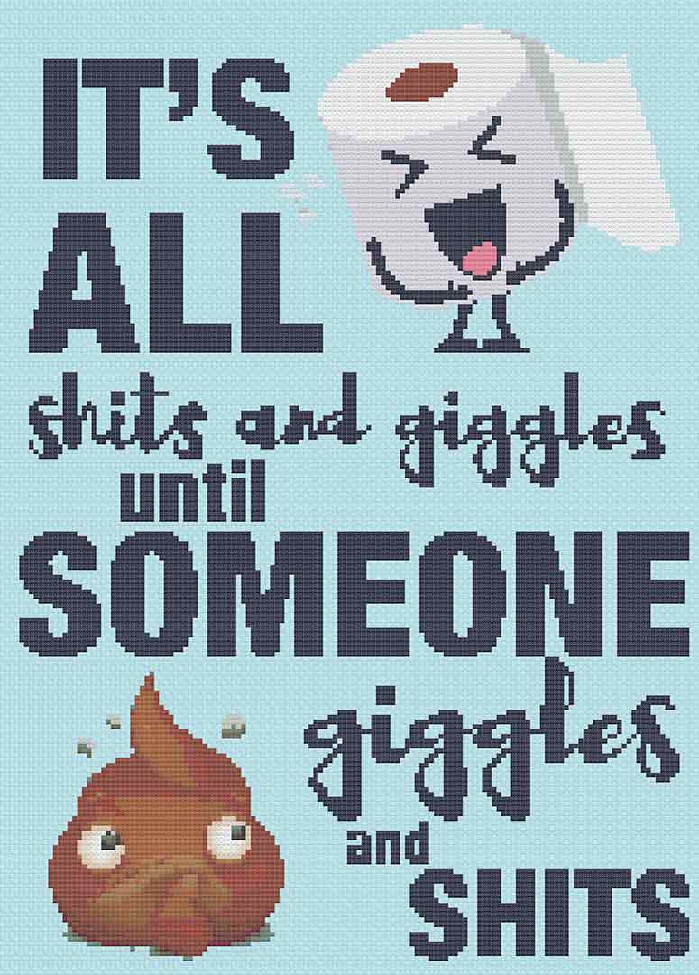 Stitched preview of Poops and Giggles Counted Cross Stitch Pattern and Kit