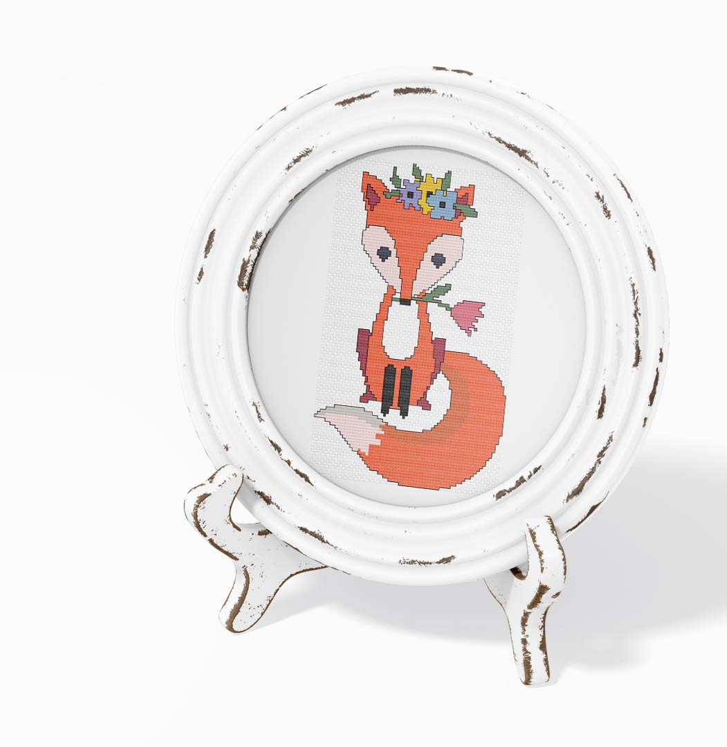Stitched and framed preview of Spring Fox Counted Cross Stitch Pattern and Kit