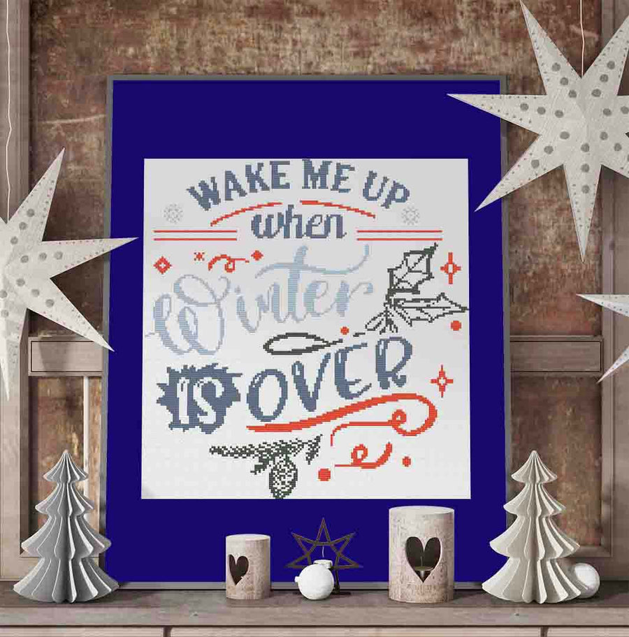 Stitched and framed preview of Wake Me Up Counted Cross Stitch Pattern and Kit