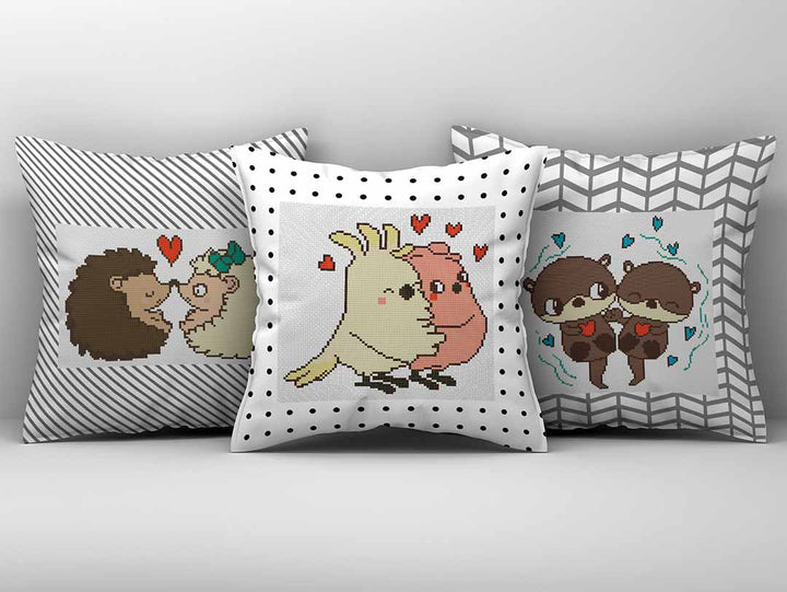 Stitched and finished into a pillow Animal Couples Set Counted Cross Stitch Pattern and Kit