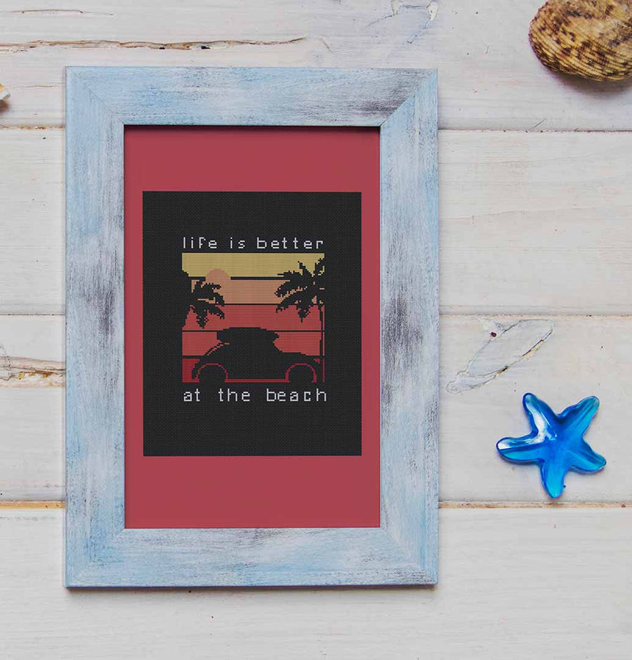Stitched and framed preview of At The Beach Counted Cross Stitch Pattern and Kit