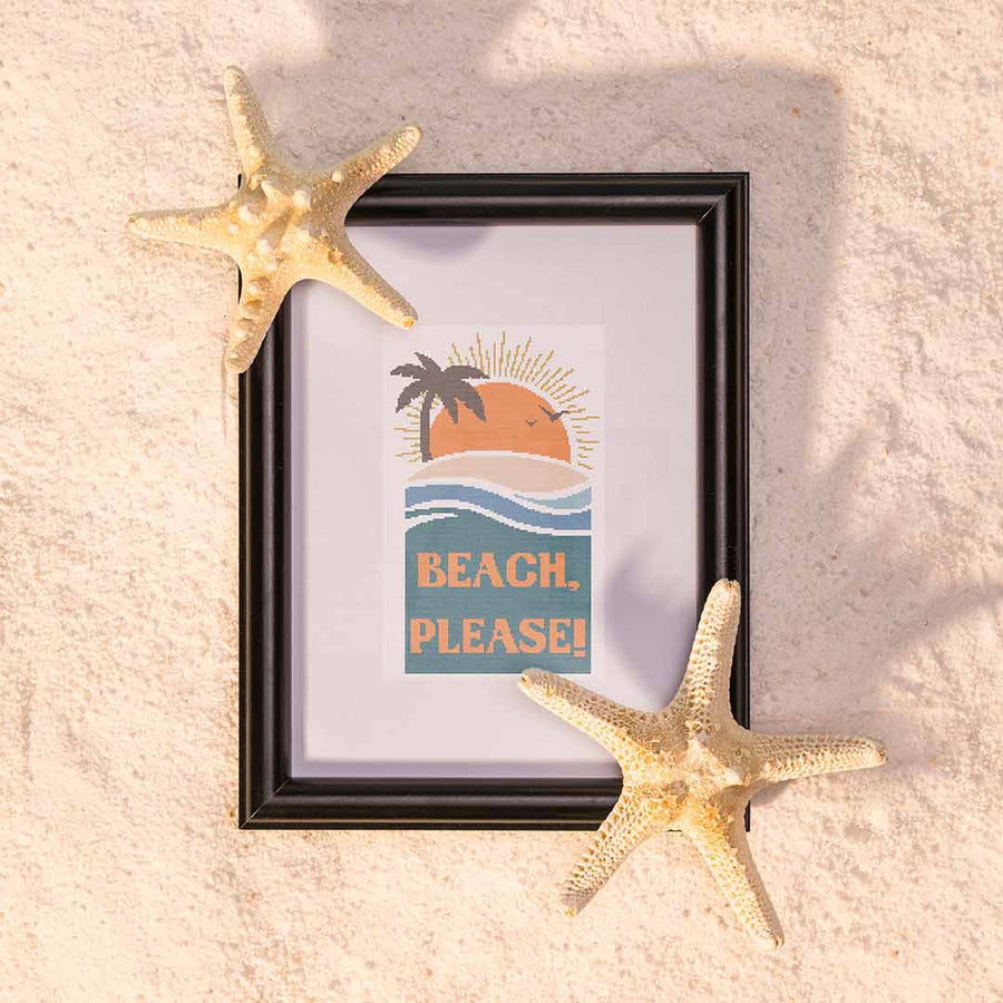 Stitched and framed preview of Beach Please Counted Cross Stitch Pattern and Kit