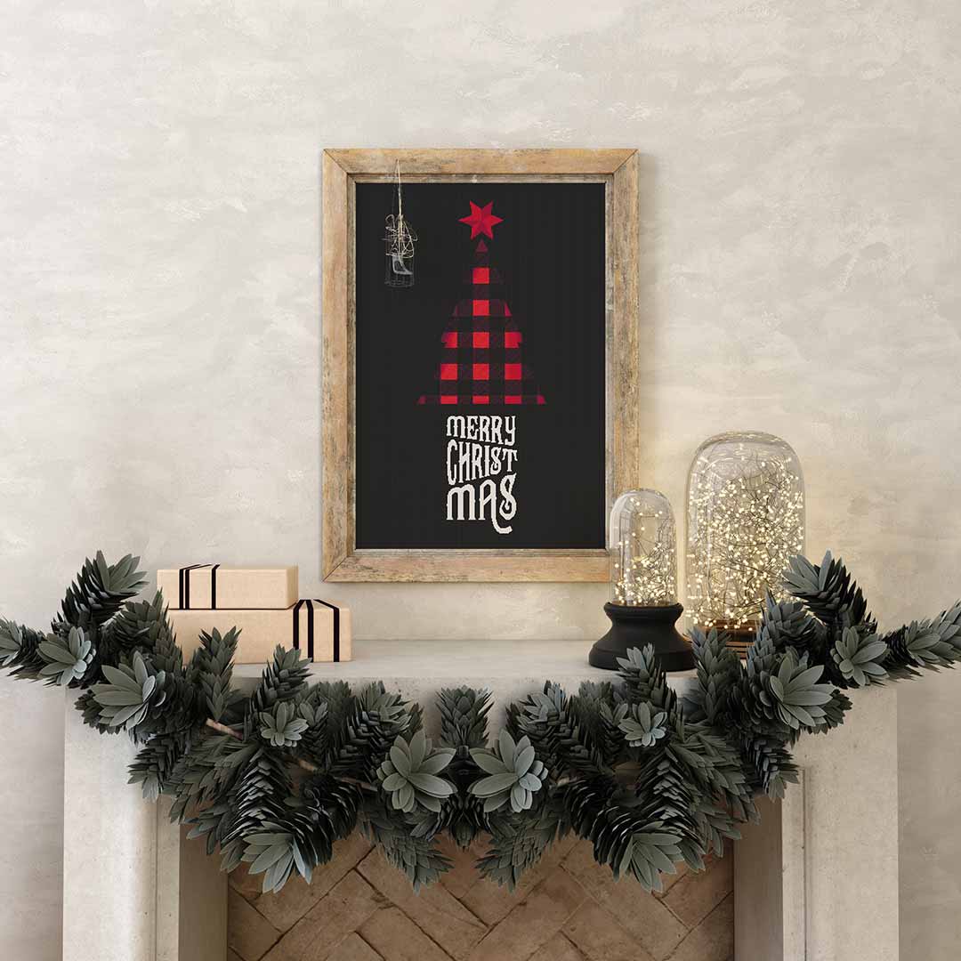 Stitched and framed preview of Buffalo Plaid Christmas Counted Cross Stitch Pattern and Kit