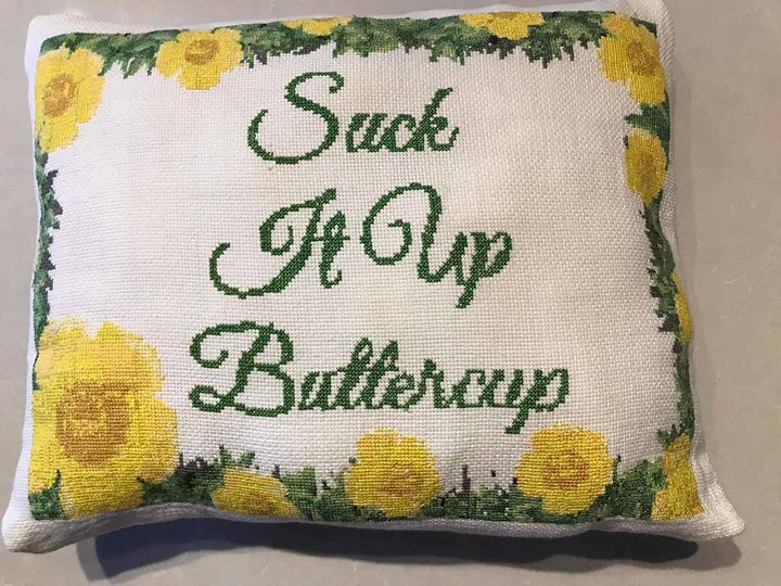 Buttercup Counted Cross Stitch Pattern and Kit stitched and made into a pillow by a customer