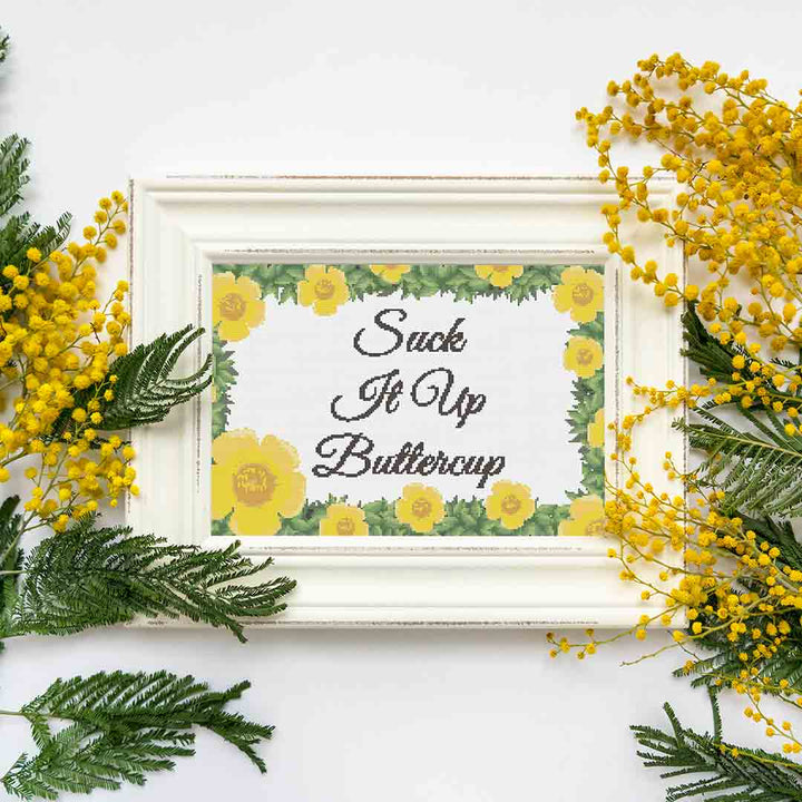 Stitched and framed preview of Buttercup Counted Cross Stitch Pattern and Kit