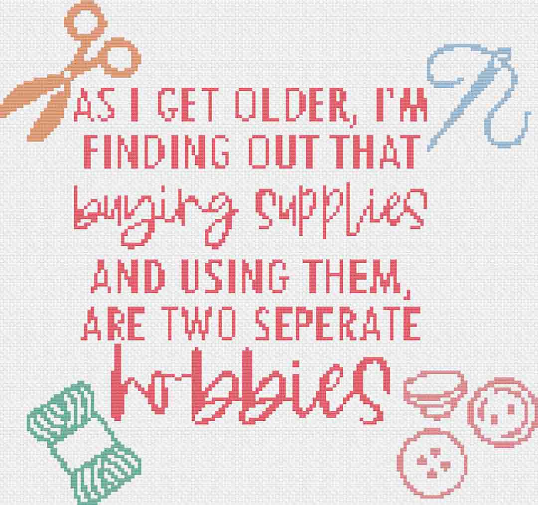 Stitched preview of Buying Supplies Counted Cross Stitch Pattern and Kit