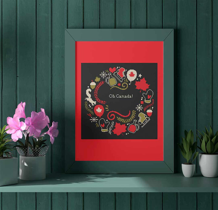 Stitched and framed preview of Canada Day Wreath Counted Cross Stitch Pattern and Kit