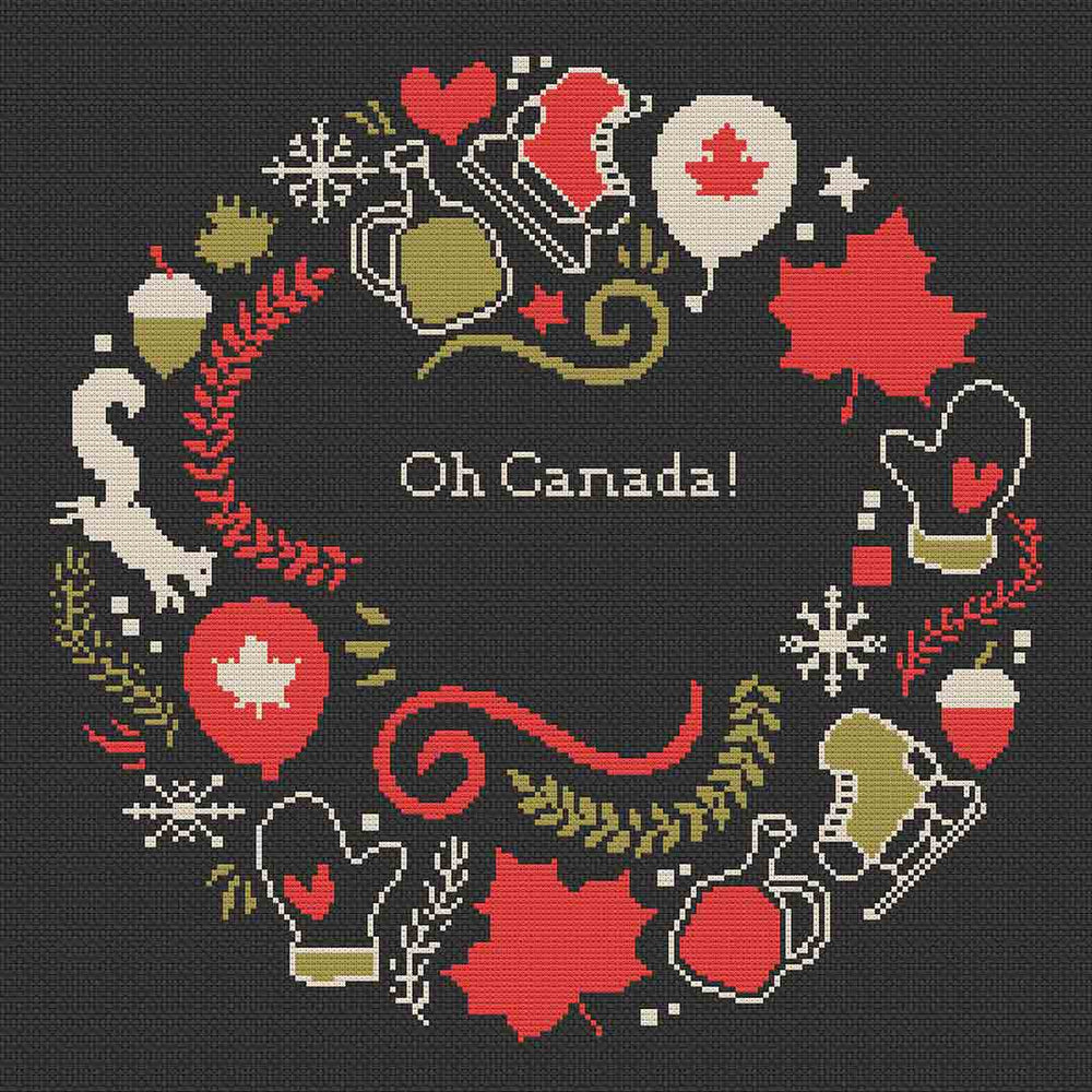 Stitched preview of Canada Day Wreath Counted Cross Stitch Pattern and Kit