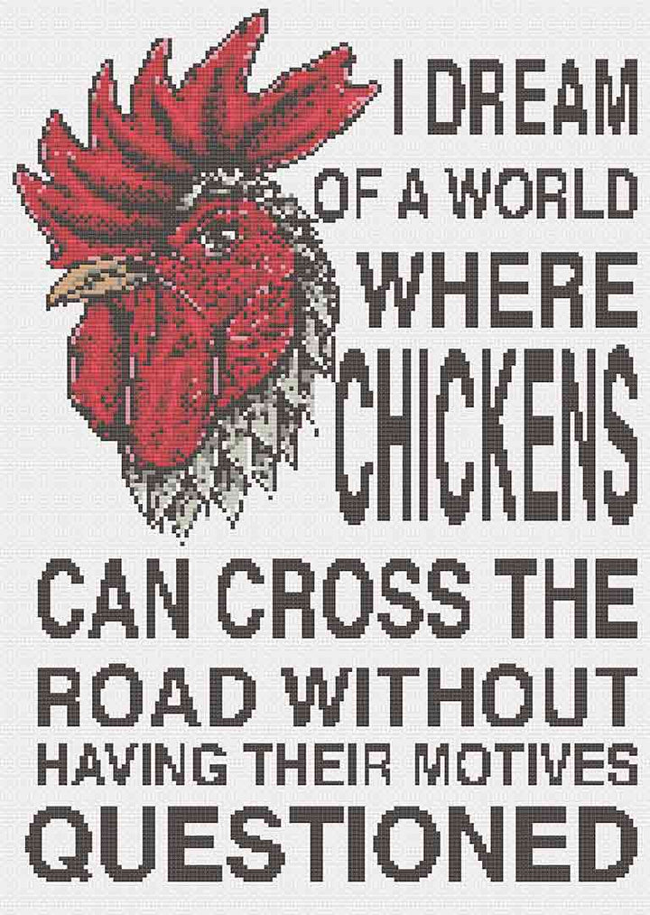 Stitched preview of Chickens Crossing Roads Counted Cross Stitch Pattern and Kit