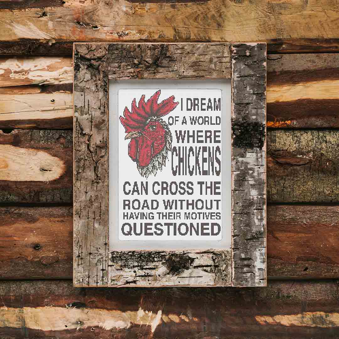 Stitched and framed preview of Chickens Crossing Roads Counted Cross Stitch Pattern and Kit
