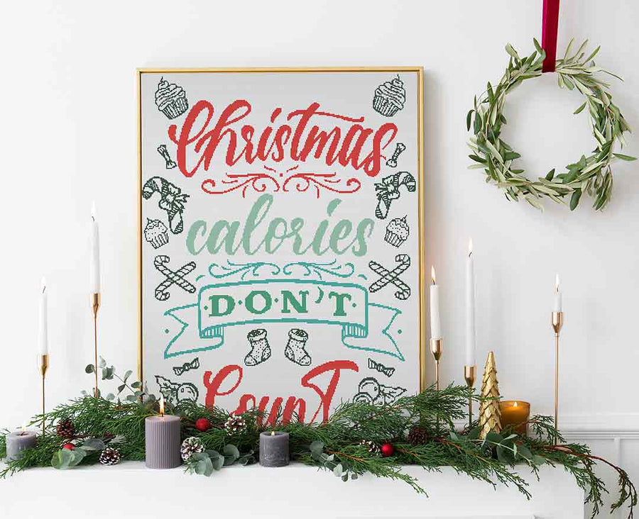 Stitched and framed preview of Christmas Calories Counted Cross Stitch Pattern and Kit