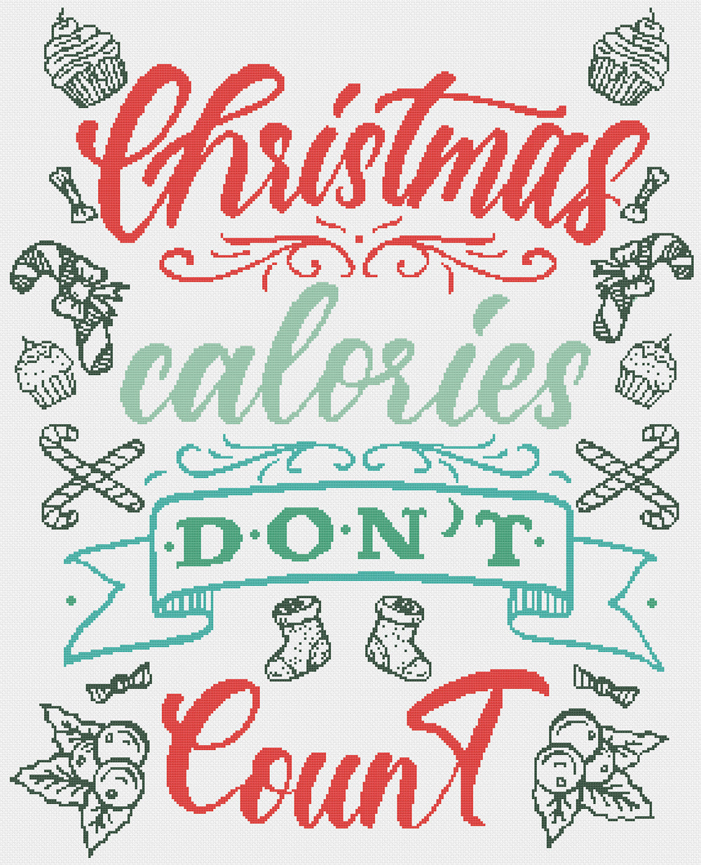 Stitched preview of Christmas Calories Counted Cross Stitch Pattern and Kit