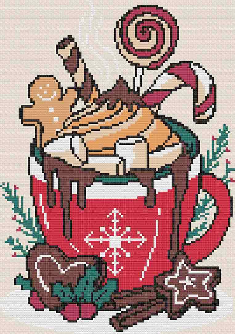 Stitched preview of Christmas Cocoa Counted Cross Stitch Pattern and Kit