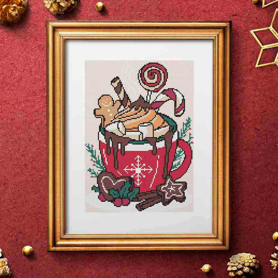 Stitched and framed preview of Christmas Cocoa Counted Cross Stitch Pattern and Kit