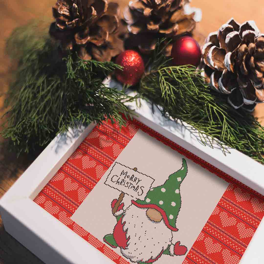Stitched and framed preview of Christmas Gnome Counted Cross Stitch Pattern and Kit