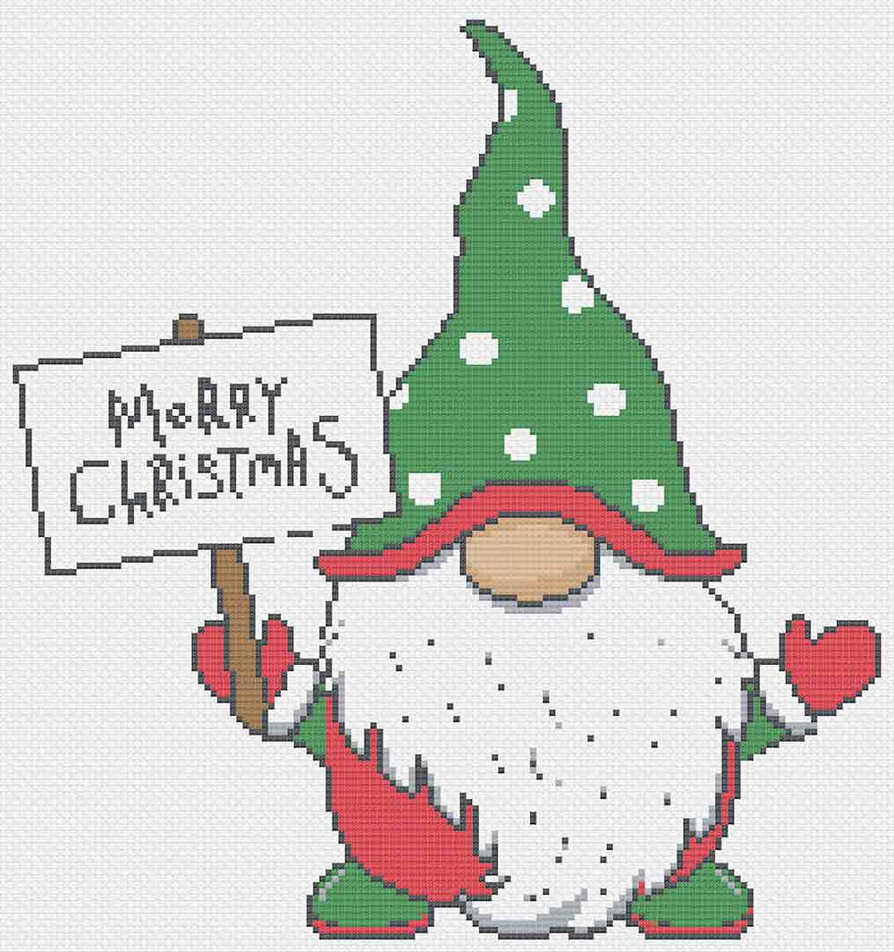 Stitched preview of Christmas Gnome Counted Cross Stitch Pattern and Kit