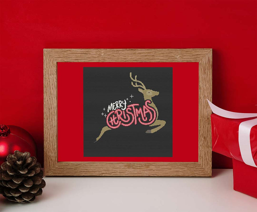 Stitched and framed preview of Christmas Reindeer Counted Cross Stitch Pattern and Kit